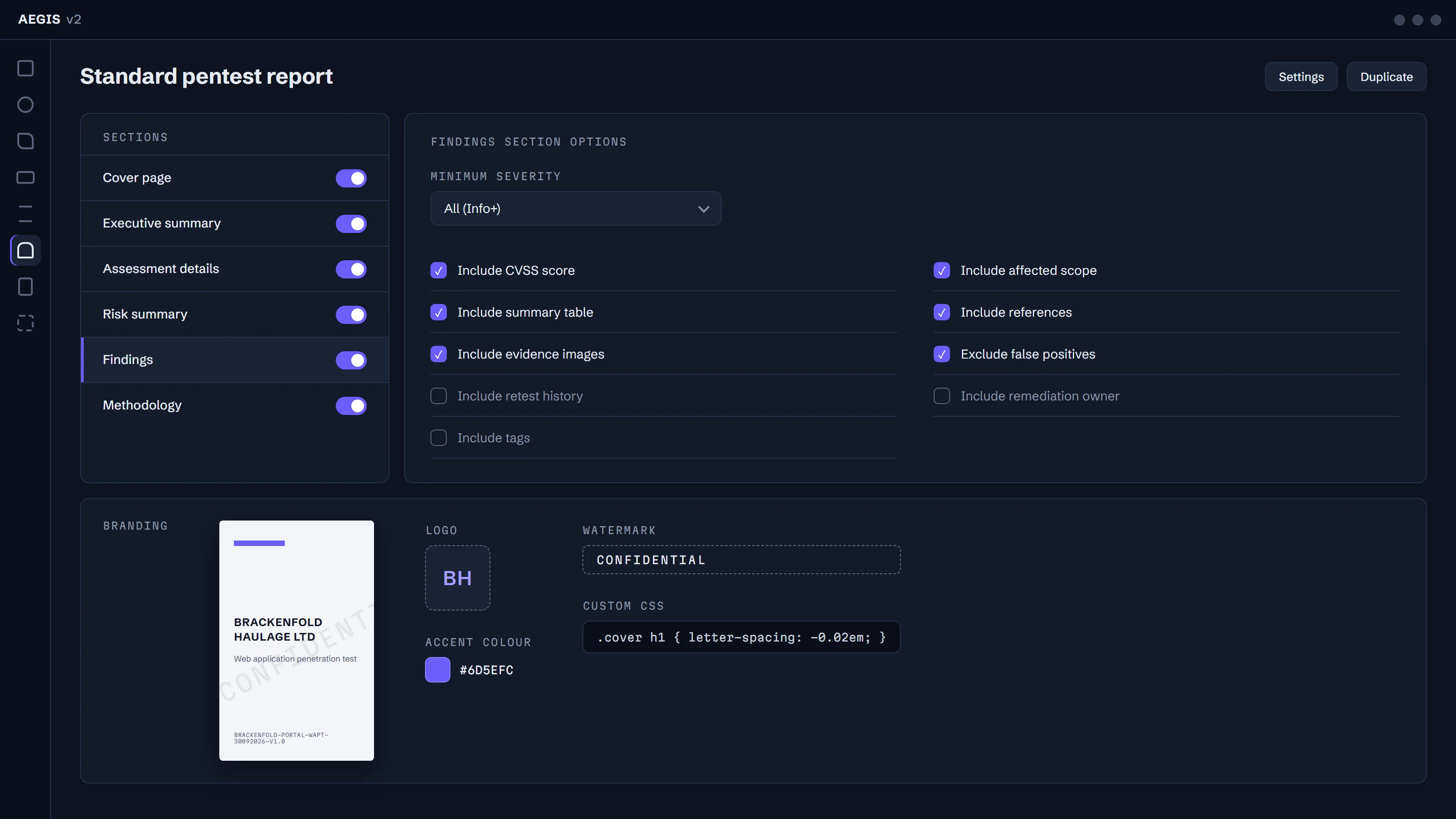 AEGIS report template editor with a sections list, findings section options as toggles and checkboxes, and a branding strip with cover preview, accent colour and watermark.
